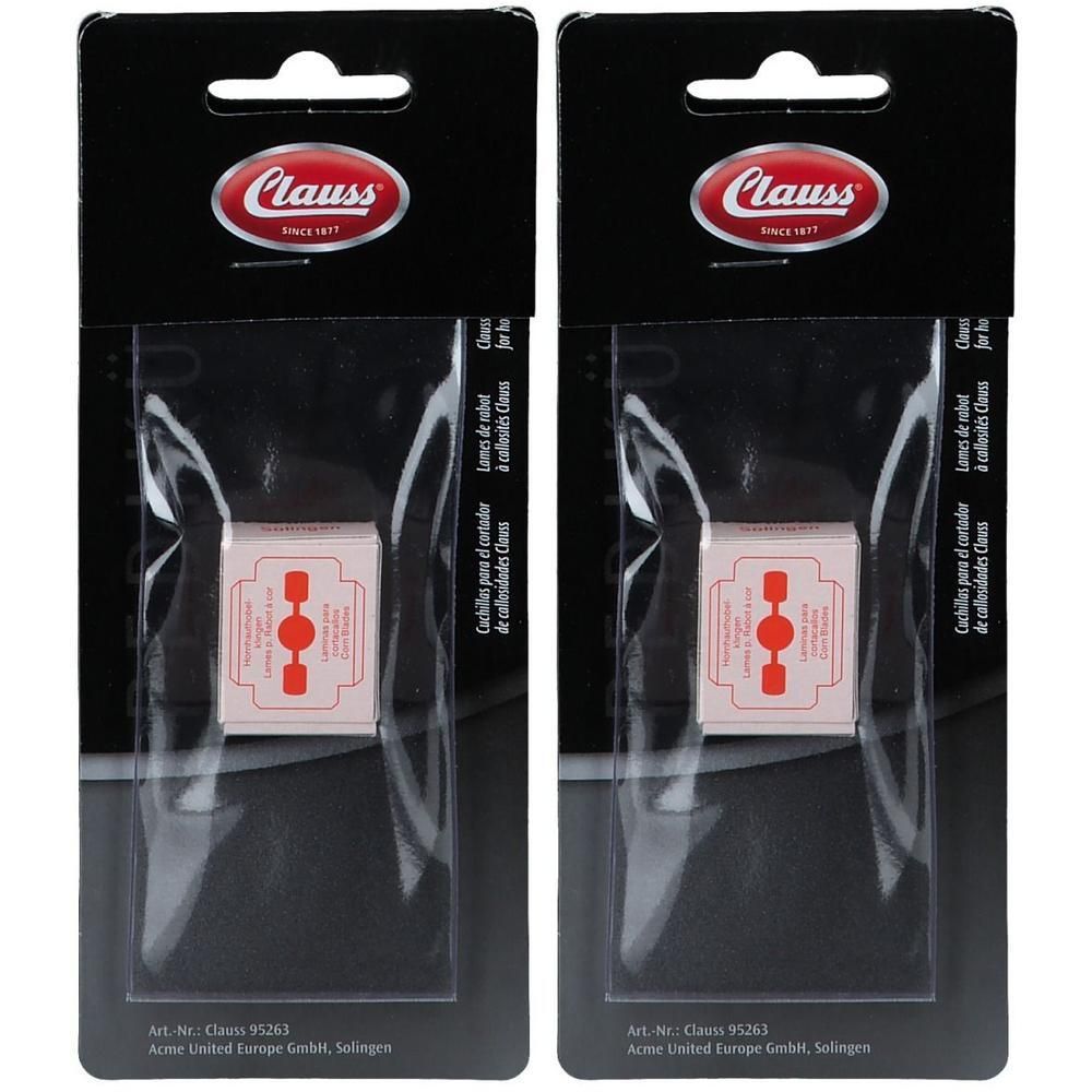 Zwei Packungen Ersatzklingen in schwarzer Verpackung. Auf jeder Packung ist das Logo von Clauss zu sehen. Die Klingen sind in einer Blisterverpackung.