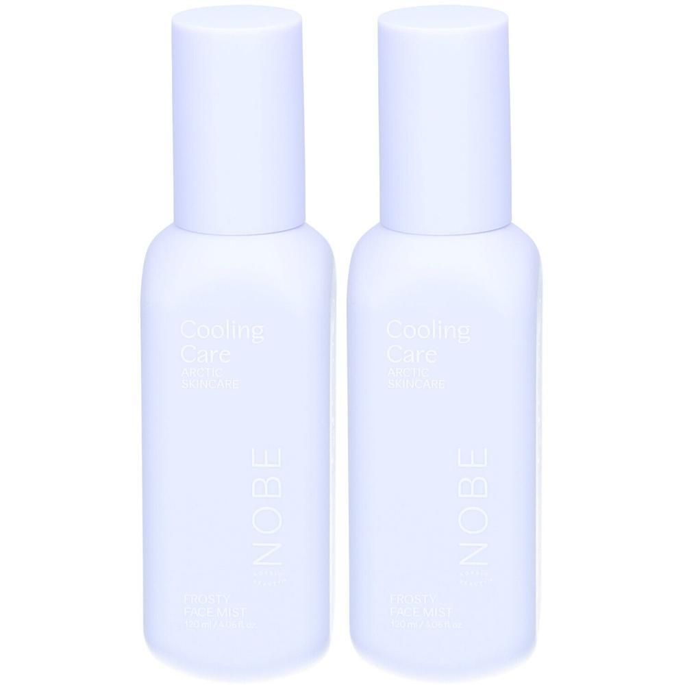Zwei weiße Sprühflaschen mit Deckel. Aufschrift: Cooling Care, NOBE. Produkt: Frosty Face Mist.