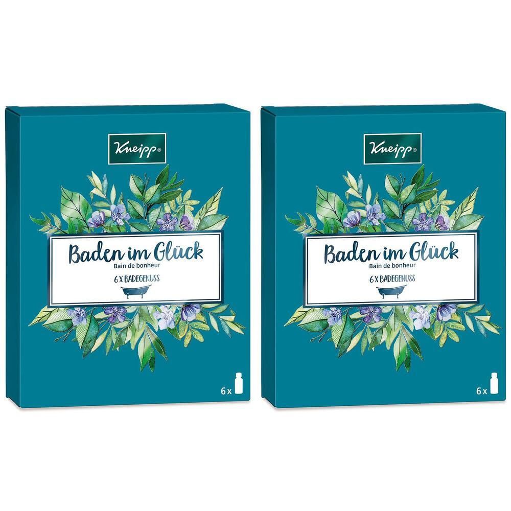 Zwei Geschenkboxen mit floralem Design. Aufschrift "Baden im Glück" und "Kneipp". Enthält 6 Badezusätze.