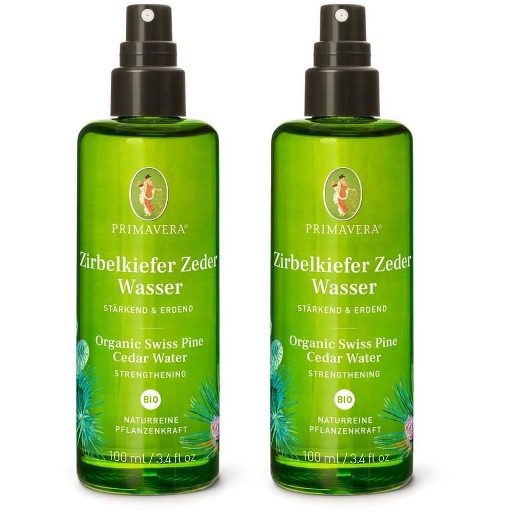 Zwei grüne Sprühflaschen mit schwarzem Sprühkopf. Aufschrift: PRIMAVERA, Zirbelkiefer Zeder Wasser, BIO-Siegel. 100 ml.
