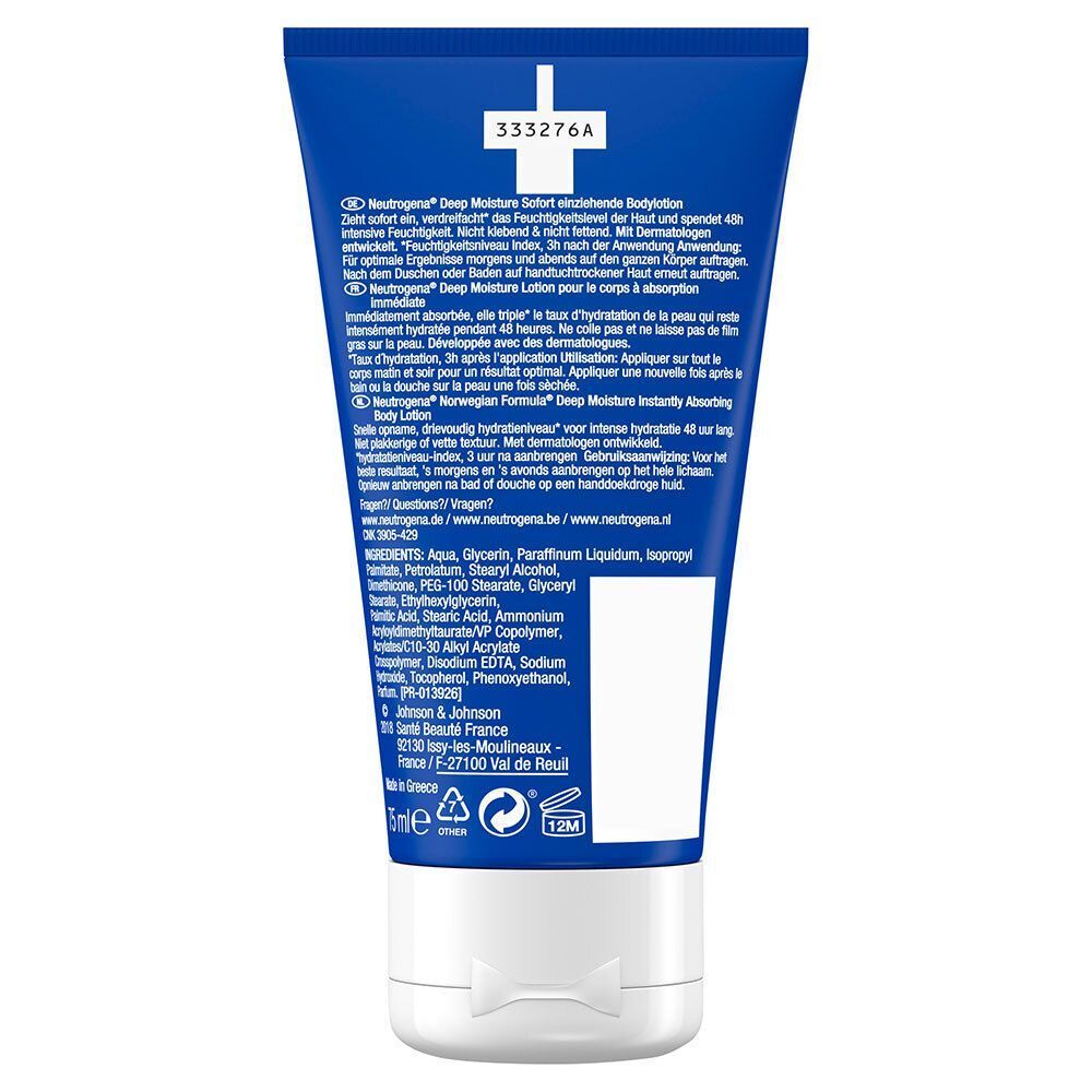 Rückseite einer blauen Tube Neutrogena Deep Moisture Bodylotion. Text und Inhaltsstoffe in mehreren Sprachen. Weiße Kappe.