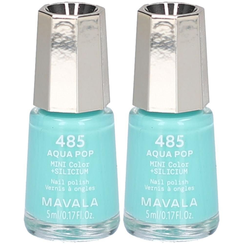 Zwei Flaschen Nagellack. Türkisgrüne Farbe. Aufschrift: 485 AQUA POP, MINI Color + SILICIUM, MAVALA. Metallkappe.