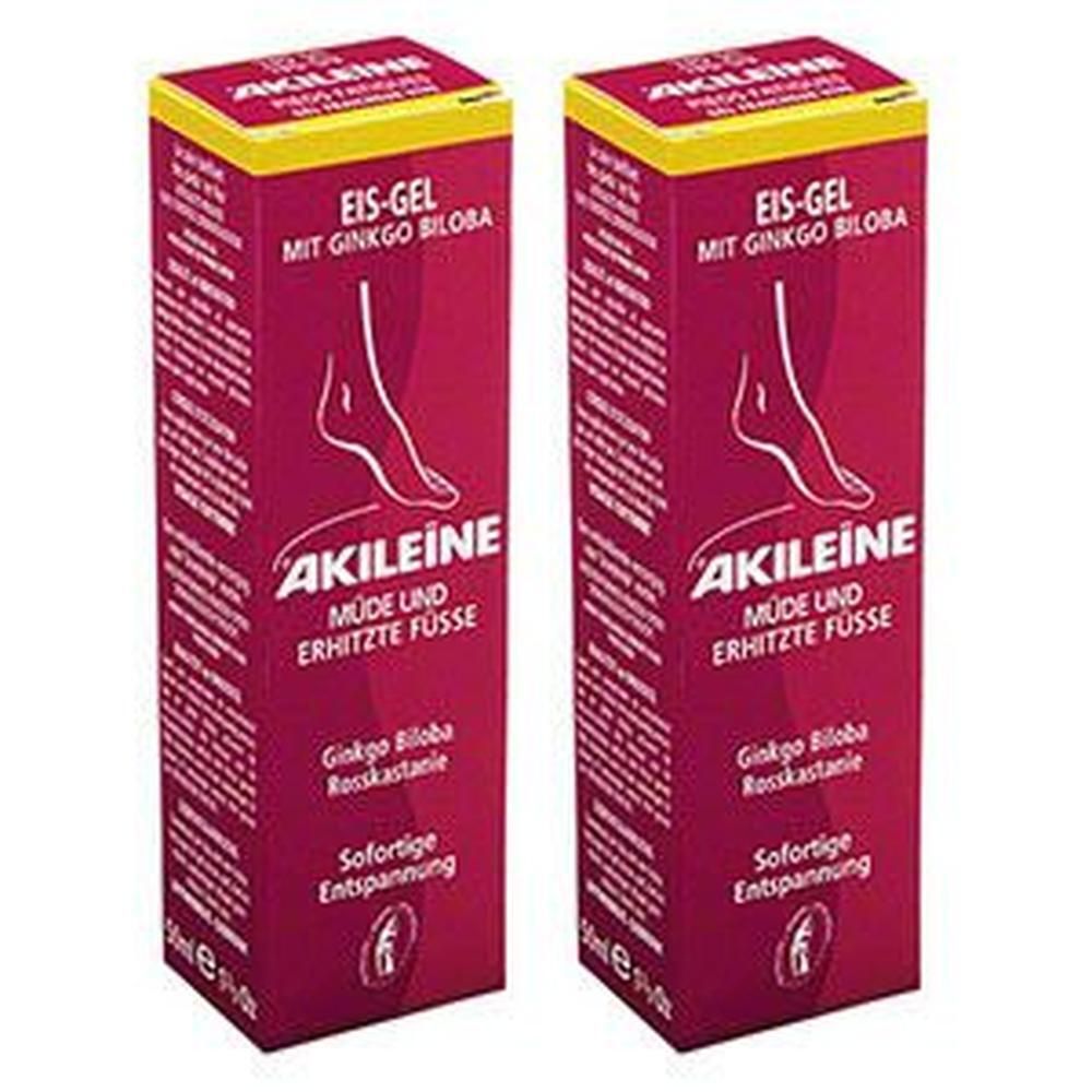 Zwei rechteckige Schachteln. Aufschrift: Eis-Gel mit Ginkgo Biloba. Marke: Akileine. Für müde und erhitzte Füße.
