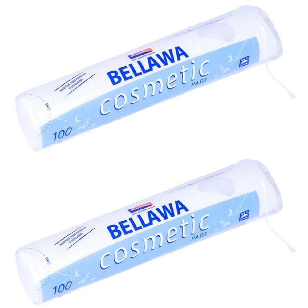 Zwei Packungen Wattepads. Aufschrift: BELLAWA Cosmetic PADS. Jede Packung enthält 100 Pads.
