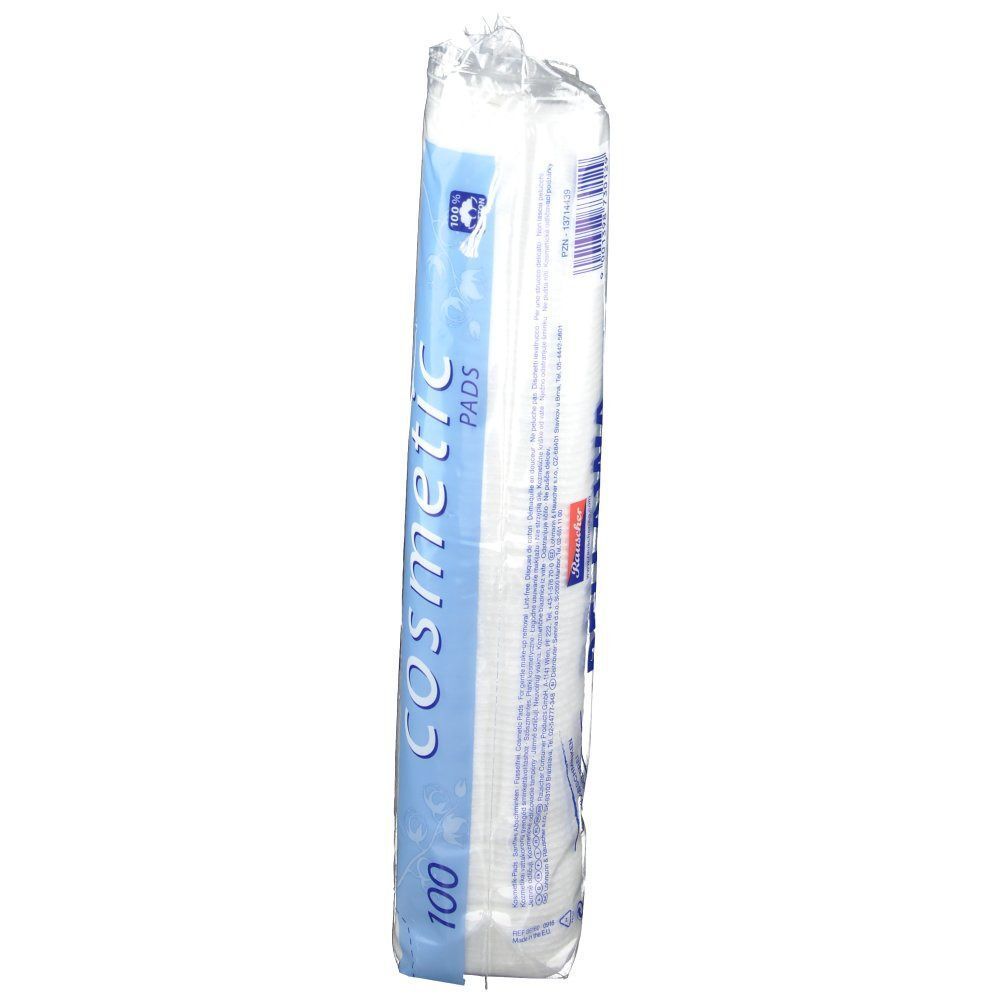 Eine Packung Wattepads. Aufschrift: Cosmetic PADS. Enthält 100 Pads. Seitliche Ansicht.