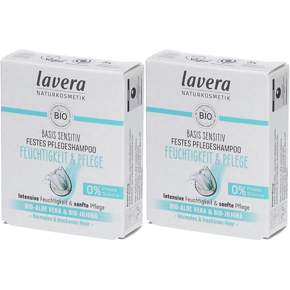 Zwei Lavera feste Pflege-Shampoo-Packungen, Basis Sensitiv, Feuchtigkeit & Pflege.