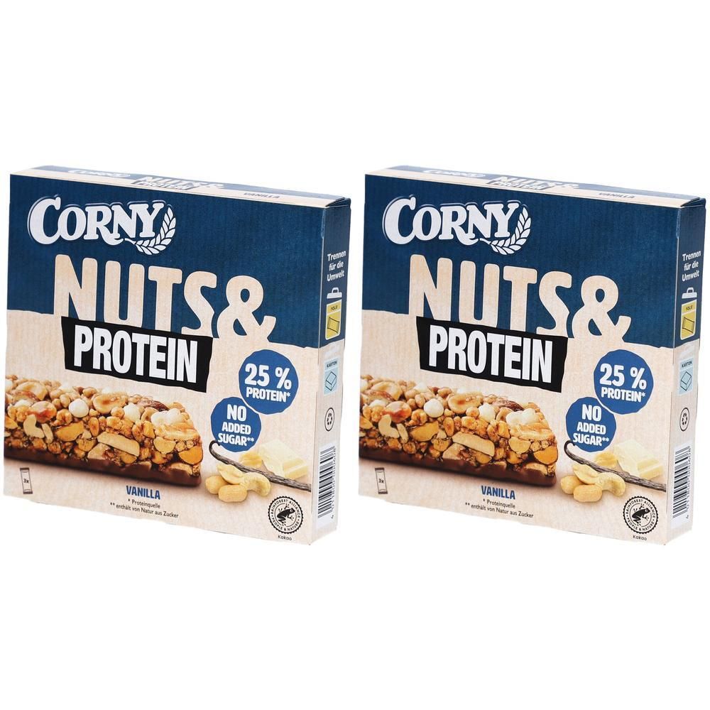 Zwei Schachteln mit Riegeln. Aufschrift: Corny Nuts & Protein, 25% Protein, ohne Zuckerzusatz. Abbildung: Vanille-Riegel mit Nüssen.