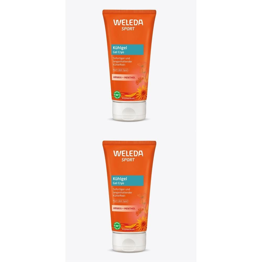 Zwei Tuben WELEDA Sport Kühlgel Arnika. Orangefarbene Tuben mit blauer Beschriftung. Weißer Verschluss.