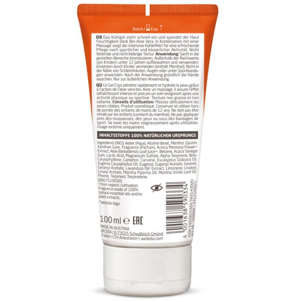 Rückseite einer Tube WELEDA Sport Kühlgel Arnika. Enthält Inhaltsstoffe, Text und Informationen zur Herstellung.