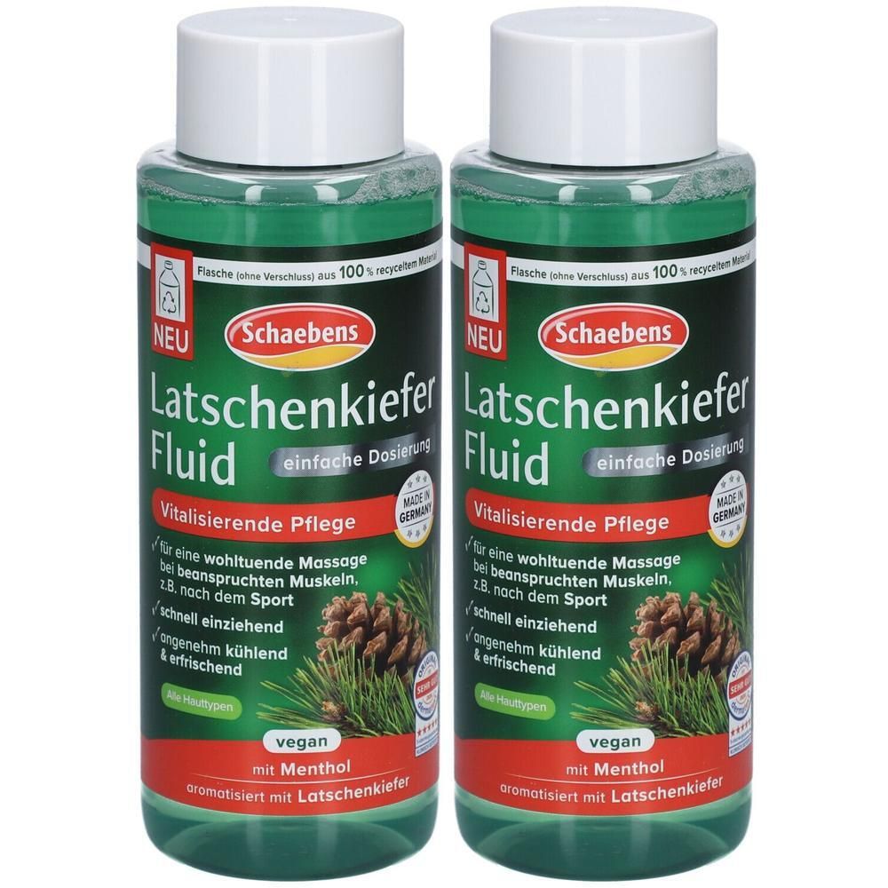 Zwei Flaschen mit grünem Fluid. Aufschrift: Latschenkiefer Fluid, Vitalisierende Pflege. Mit Menthol. Vegan. Siegel: Made in Germany.