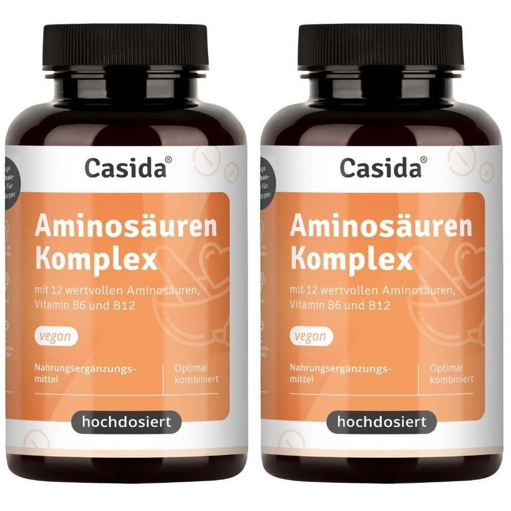 Zwei Flaschen Casida® Aminosäuren Komplex. Braune Flaschen mit schwarzem Deckel. Orangefarbenes Etikett mit Produktinformationen.