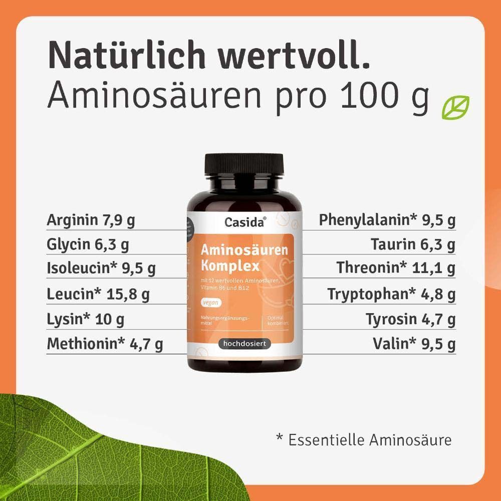 Flasche Casida® Aminosäuren Komplex. Orangefarbene Infografik mit Aminosäuren-Informationen pro 100g. Grüne Blätter.