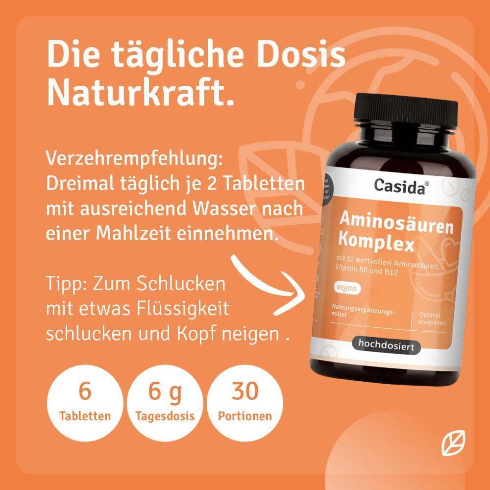 Flasche Casida® Aminosäuren Komplex. Orangefarbene Infografik mit Dosierungsempfehlung: 2 Tabletten nach Mahlzeit. 6 Tabletten, 6g, 30 Portionen.