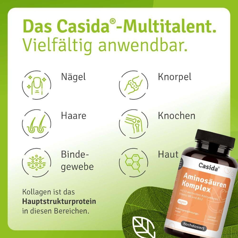 Flasche Casida® Aminosäuren Komplex. Infografik mit Icons für Nägel, Knorpel, Haare, Knochen, Bindegewebe, Haut. Grünes Blatt.