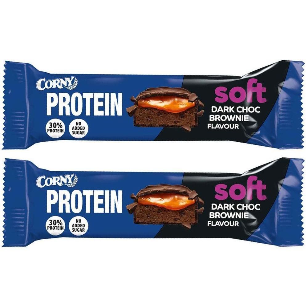 Zwei Proteinriegel in blauer Verpackung. Aufschrift: Corny Protein, 30% Protein, kein Zuckerzusatz. Geschmack: Dark Choc Brownie.