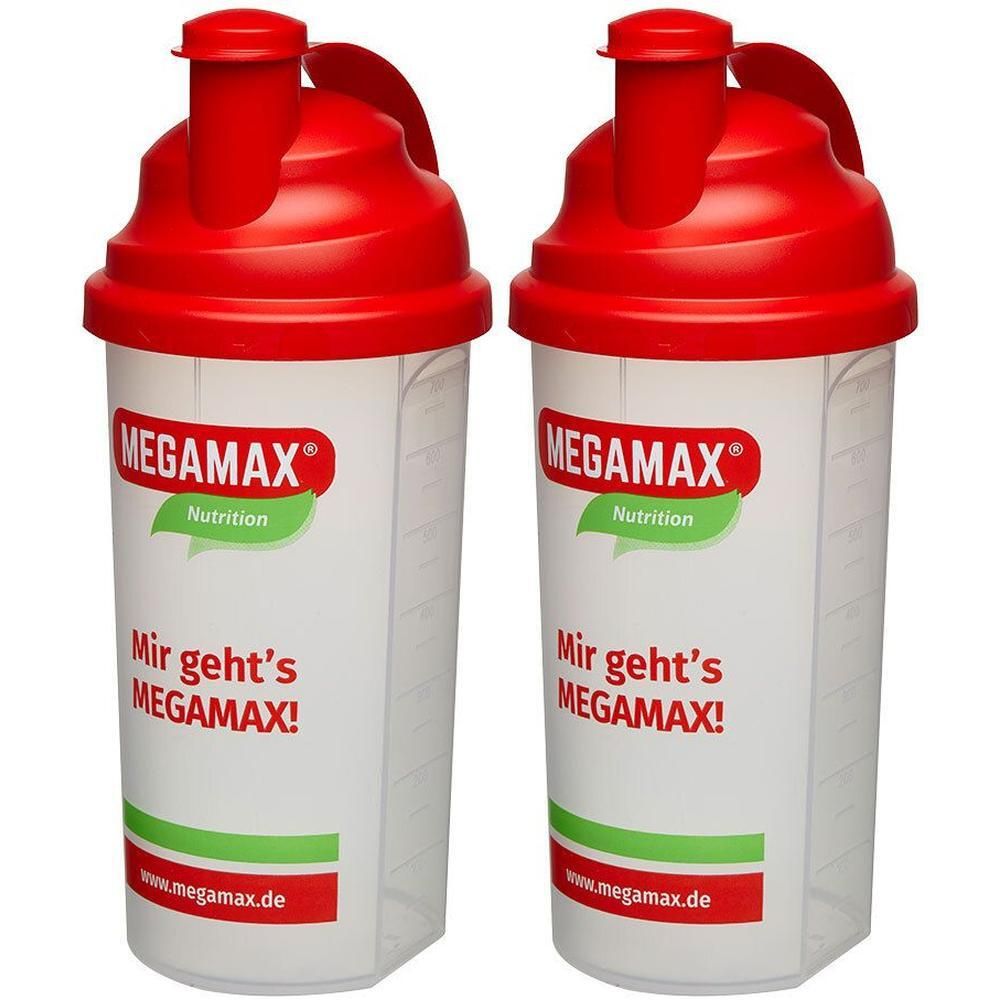 Zwei rote und weiße Mixbecher. Aufschrift: MEGAMAX Nutrition. Mit rotem Deckel und Griff. Aufschrift: Mir geht's MEGAMAX! Mit Siebeinsatz.