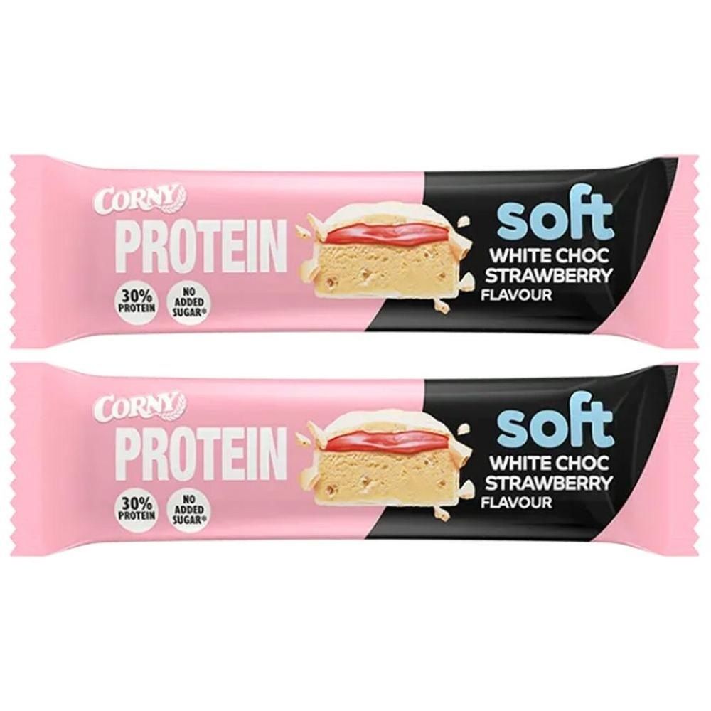 Zwei Corny Protein Soft Riegel mit weißer Schokolade und Erdbeergeschmack. 30% Protein, ohne Zuckerzusatz.