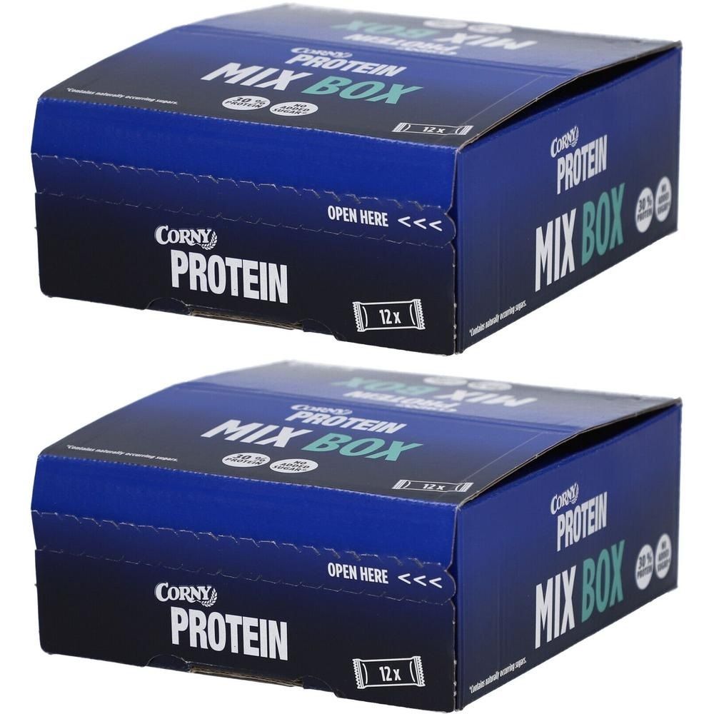 Zwei Corny Protein Mix Boxen, 12x. Blaue Kartons mit weißer und grüner Schrift.