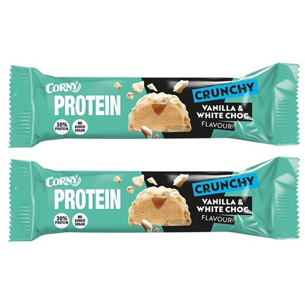 Zwei Corny Protein Riegel mit Vanille & weißer Schokolade Geschmack. Mit 30% Protein und ohne Zuckerzusatz.