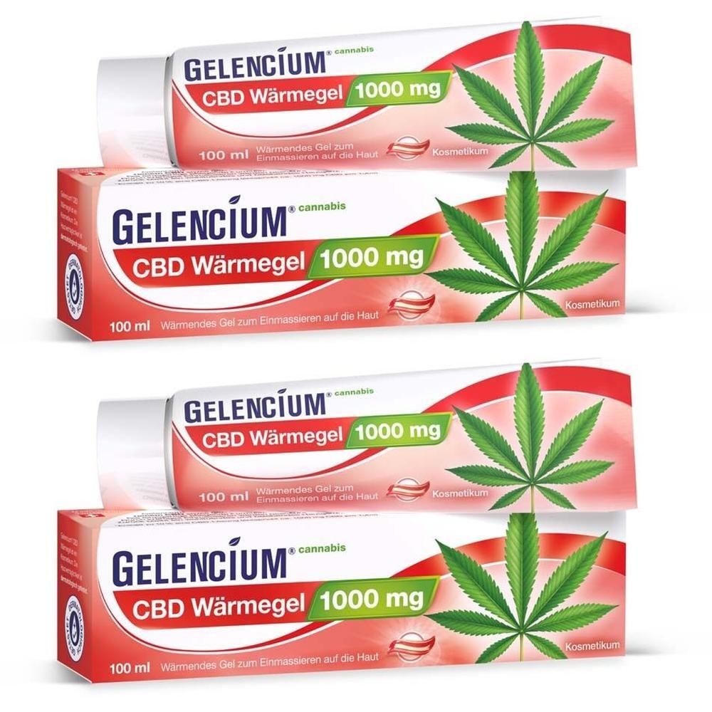 Mehrere Tuben Gelencium® CBD Wärmegel 1000 mg. Rote und weiße Tuben mit grünen Blättern und Produktinformationen.