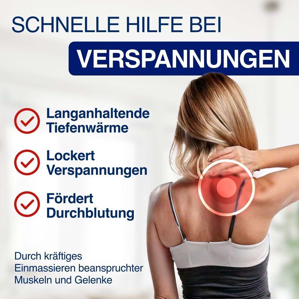 Grafik mit Text: Schnelle Hilfe bei Verspannungen. Text und Symbole: Tiefenwärme, Lockert Verspannungen, Fördert Durchblutung.