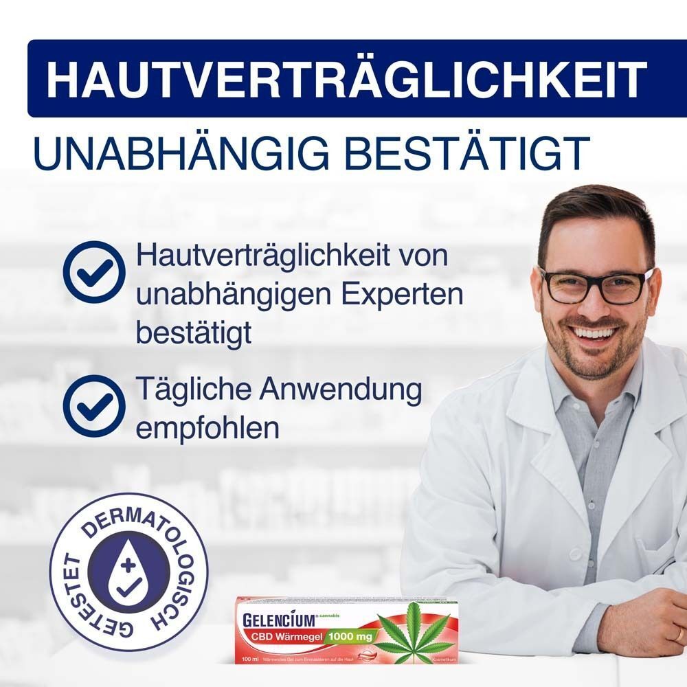 Arzt mit Gelencium® CBD Wärmegel 1000 mg. Text: Hautverträglichkeit bestätigt, Tägliche Anwendung empfohlen. Dermatologisch getestet.