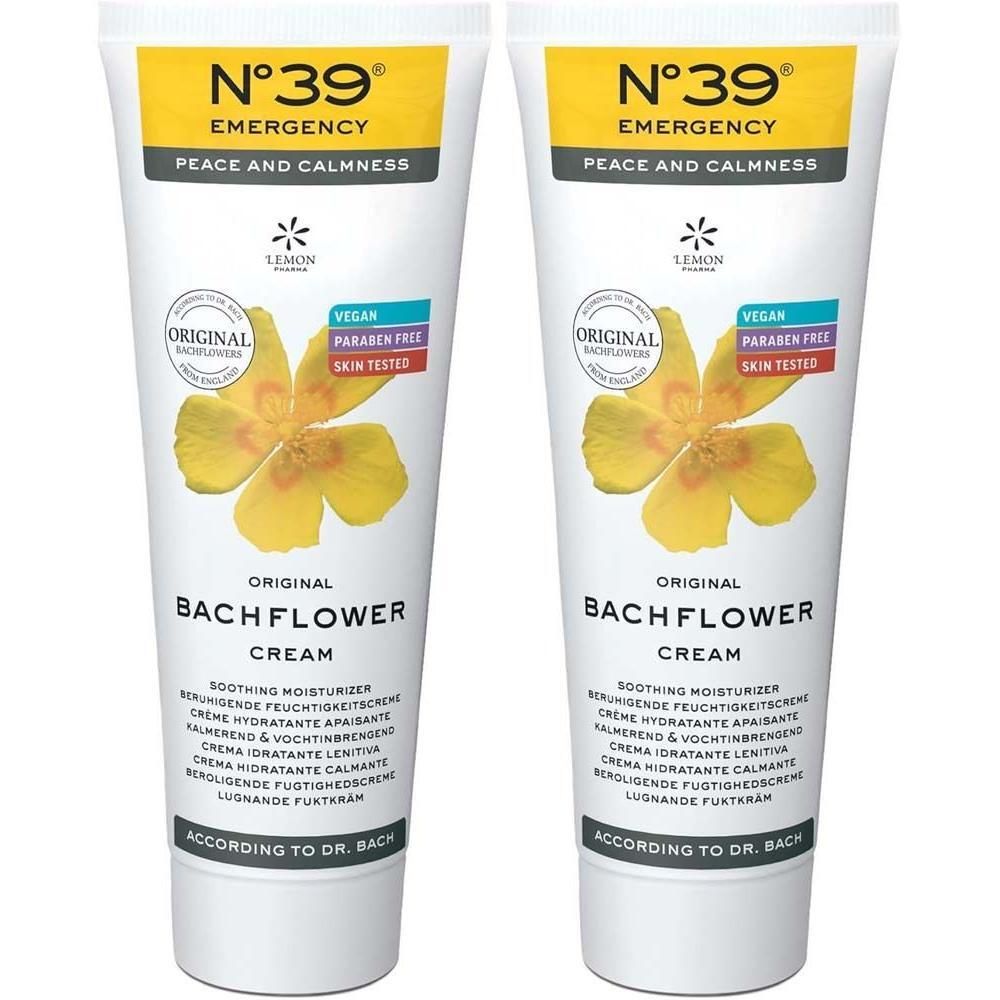 Zwei Tuben Creme. Gelb-weißes Design mit Produktnamen und Logo. Aufschrift: Original Bachflower Cream. Vegan und parabenfrei.