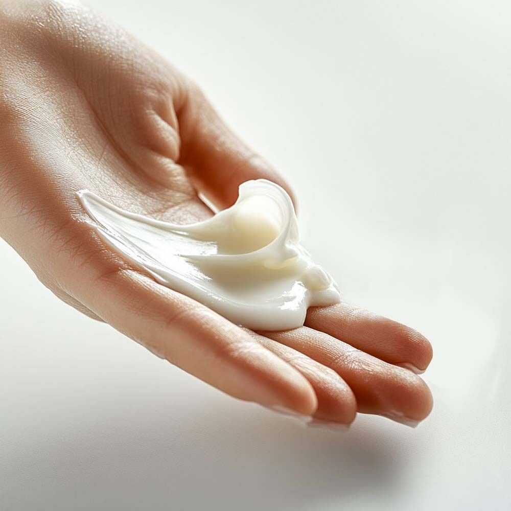 Hand mit weißer Creme. Die Creme ist auf der Handfläche verteilt. Helle Umgebung.