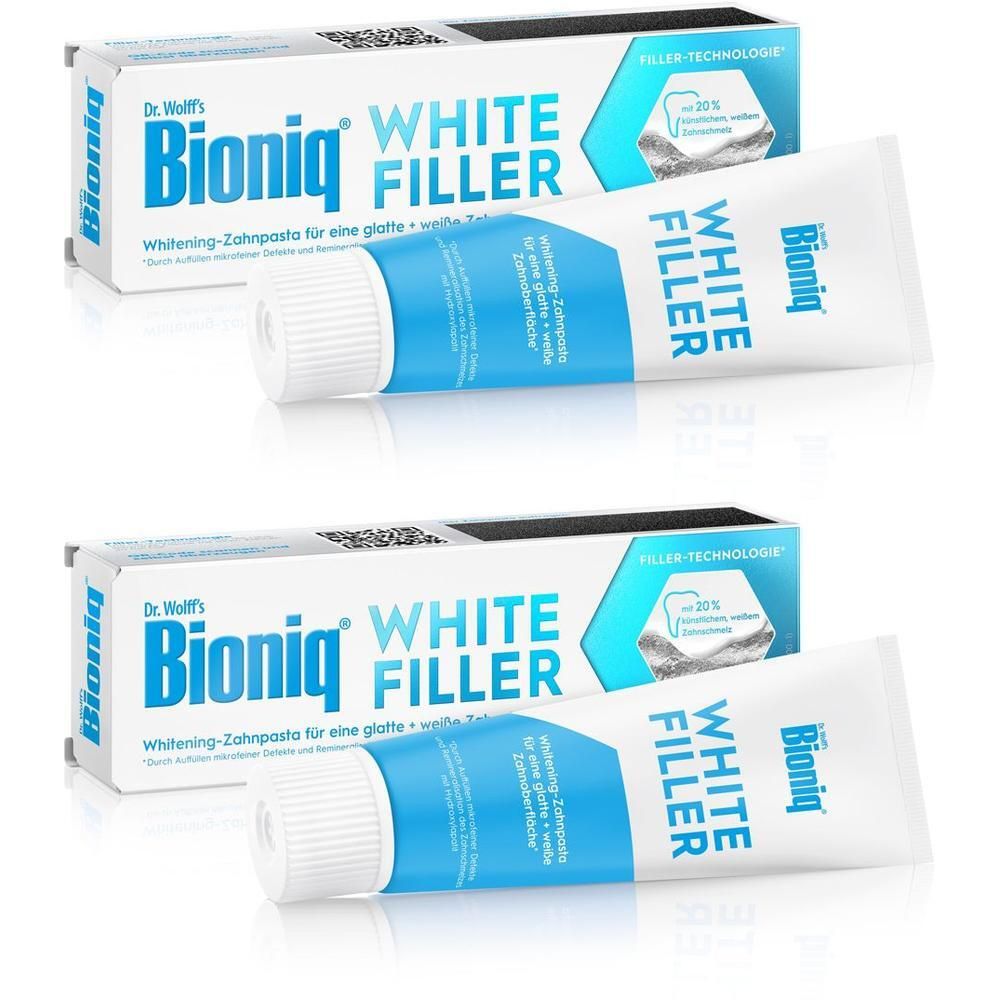 Zwei Tuben und zwei Kartons Bioniq White Filler Zahnpasta. Verpackung mit Produktnamen und Logo. Blaue und weiße Farbkombination.