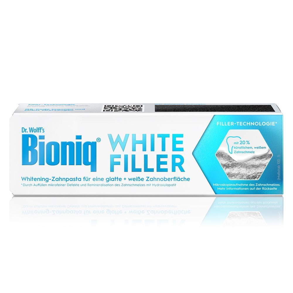 Bioniq White Filler Zahnpasta-Karton. Produktname und Logo. Blaue und weiße Farbkombination. Enthält Informationen zur Fülltechnologie.