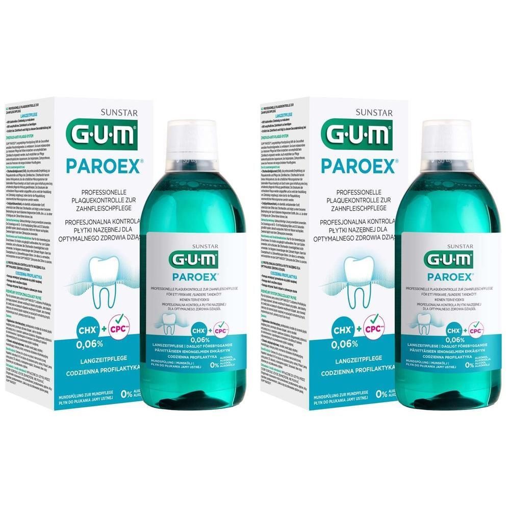 Zwei Flaschen und Verpackungen. Aufschrift: GUM Paroex 0,06%. Professionelle Plaquekontrolle.