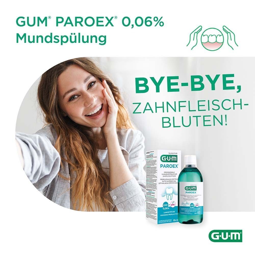 Frau lächelt. Neben ihr: Flasche und Verpackung. Aufschrift: GUM Paroex 0,06%. Bye-bye, Zahnfleischbluten!