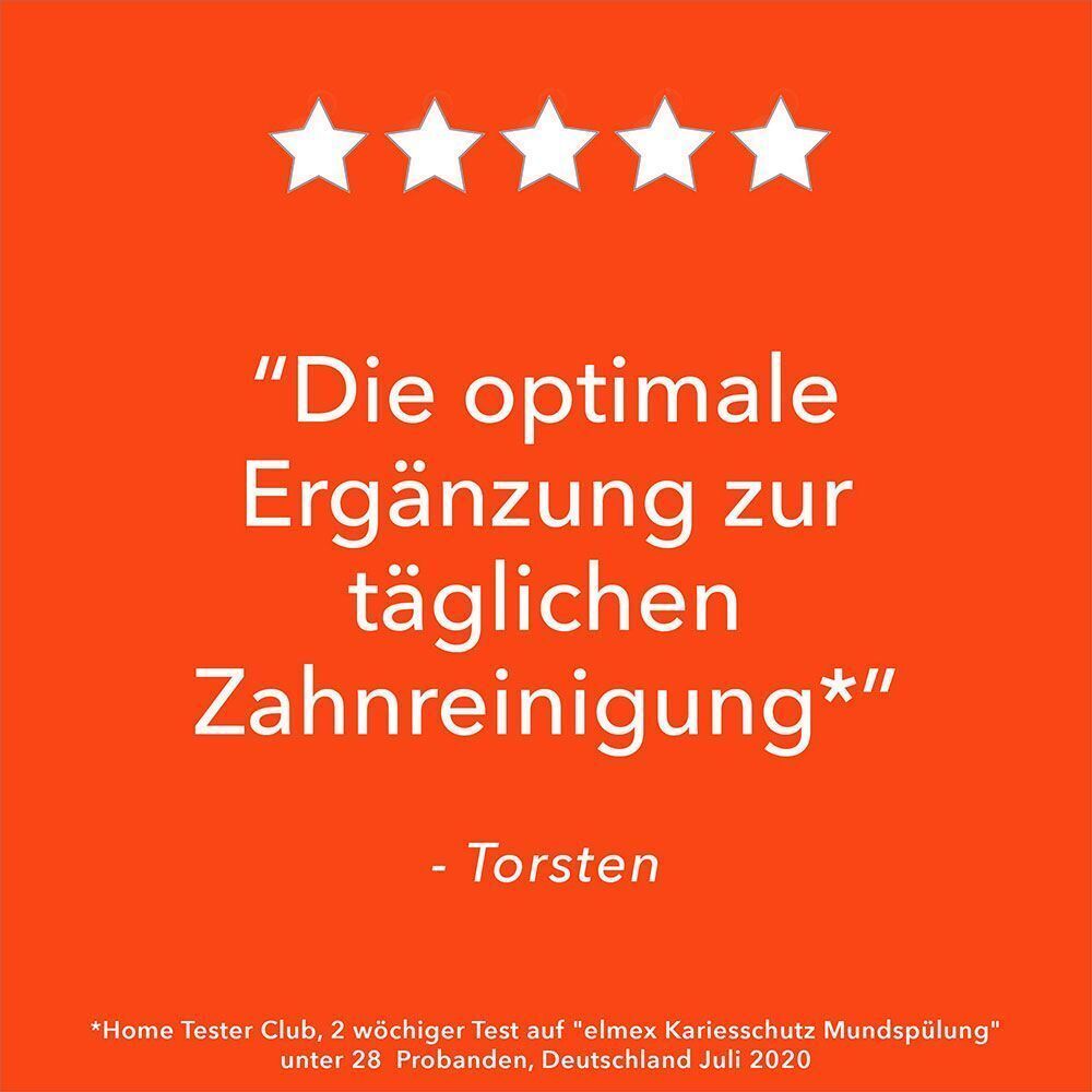 Text auf orangefarbenem Hintergrund: Die optimale Ergänzung zur täglichen Zahnreinigung. Zitat von Torsten.