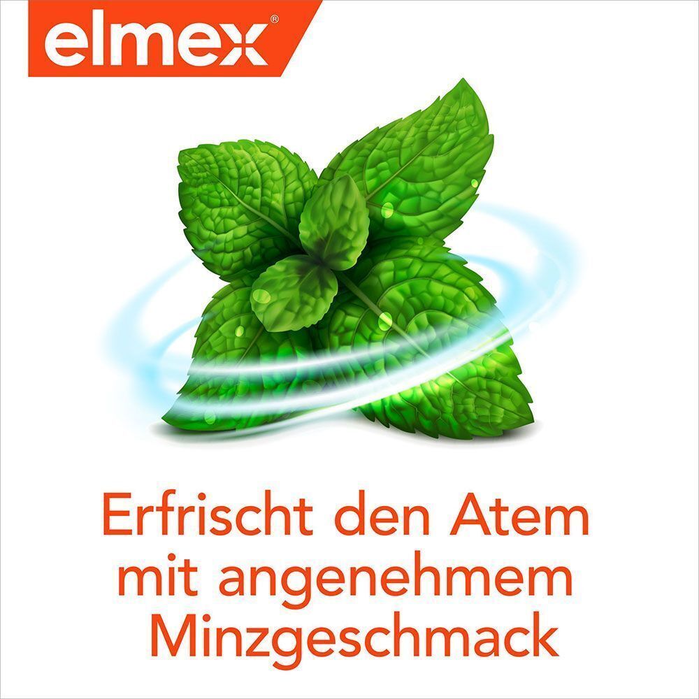 Grüne Minzblätter. Text: Erfrischt den Atem mit angenehmem Minzgeschmack. elmex Logo.