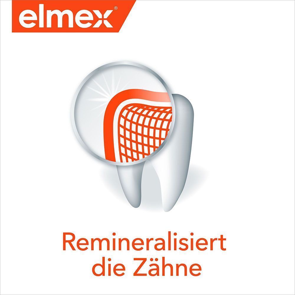 Zahn mit Schutzschicht. Text: Remineralisiert die Zähne. elmex Logo.