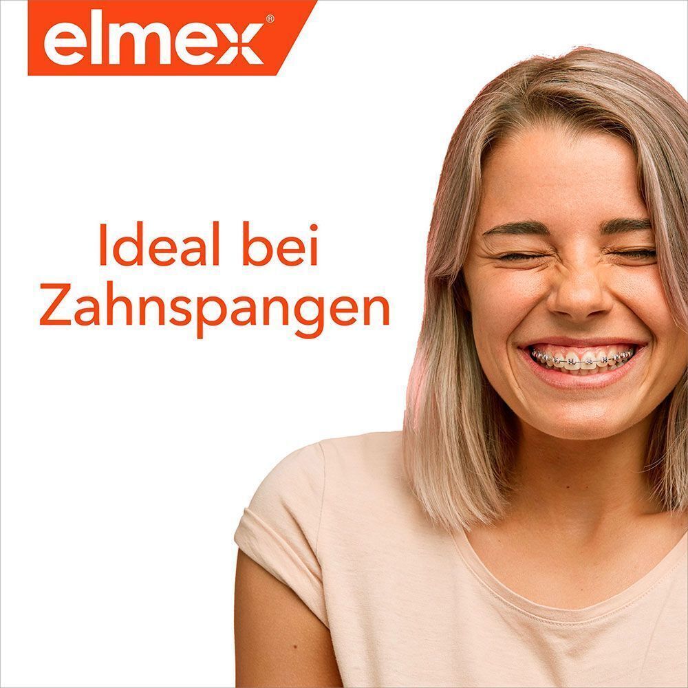 Frau mit Zahnspange lächelt. Text: Ideal bei Zahnspangen. elmex Logo.