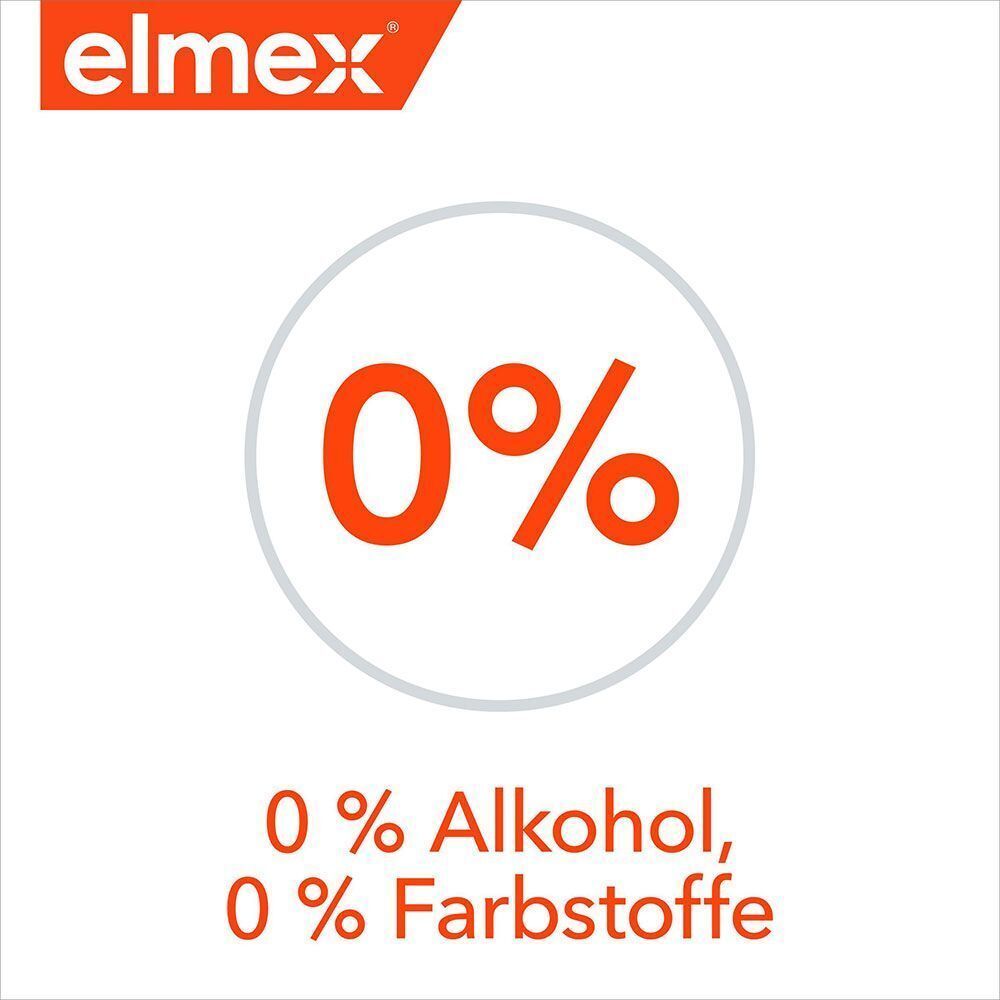 Kreis mit Text: 0% Alkohol, 0% Farbstoffe. elmex Logo.