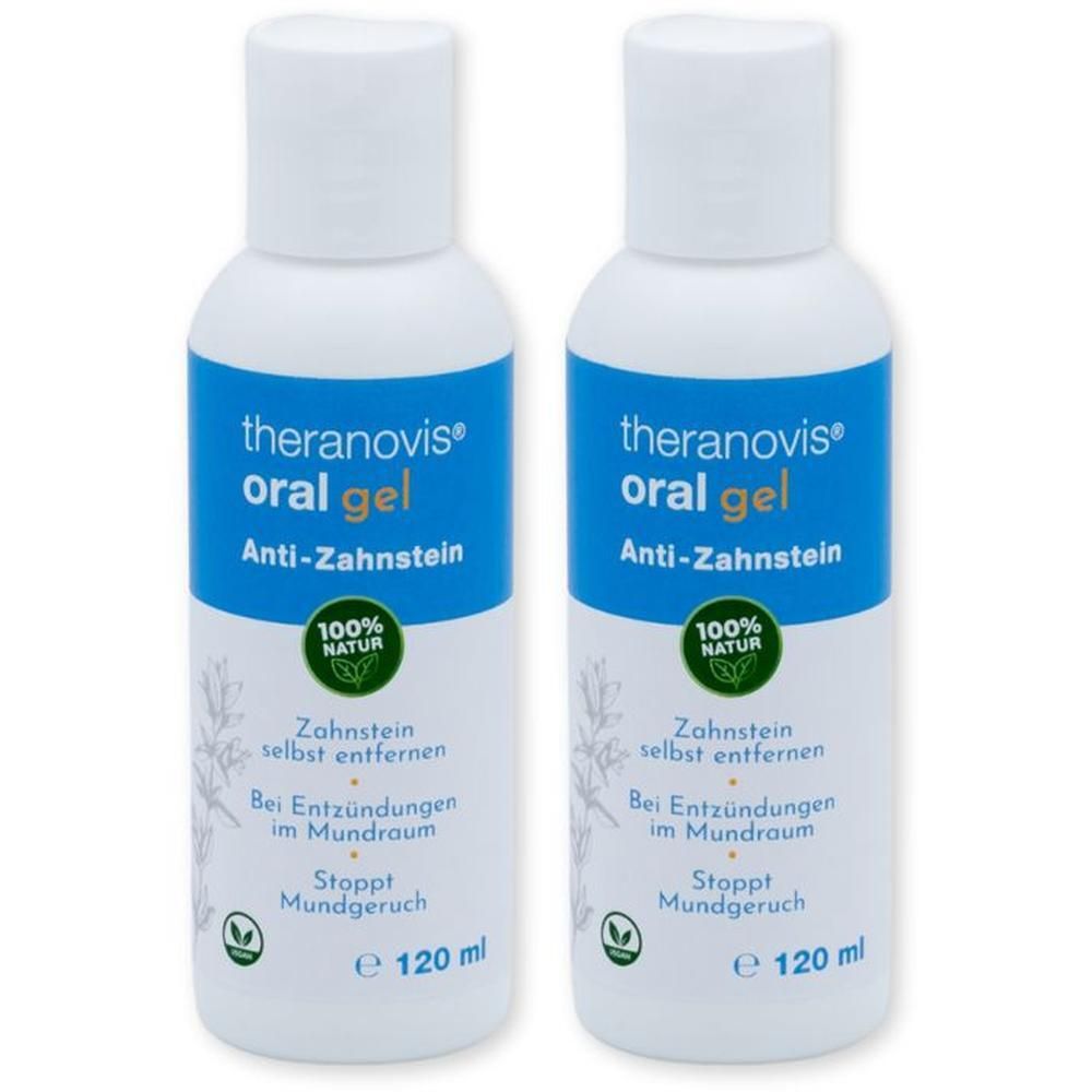 Zwei Flaschen Theranovis® oral gel. Weiße Flaschen mit blauem Etikett. Text: Anti-Zahnstein, 100% Natur, e 120 ml.