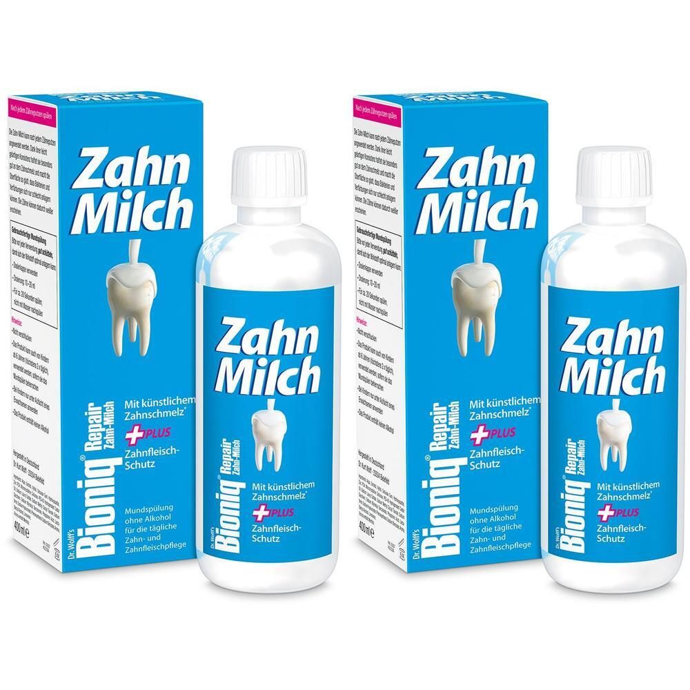 Zwei Flaschen und zwei Schachteln Bioniq® Repair Zahn-Milch. Blaue Verpackung mit weißem Schriftzug und Zahn-Illustration.