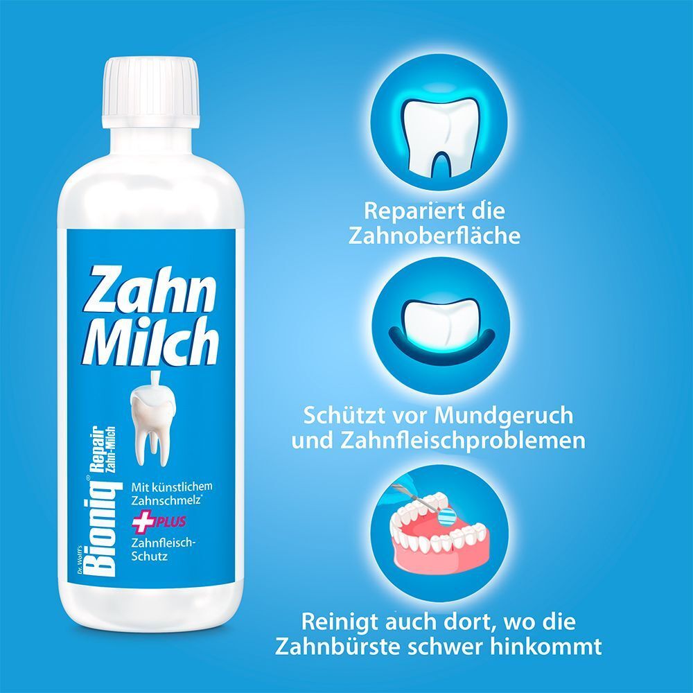 Flasche Bioniq® Zahn-Milch mit Illustrationen: Zahnreparatur, Schutz vor Mundgeruch, Reinigung schwer erreichbarer Stellen.