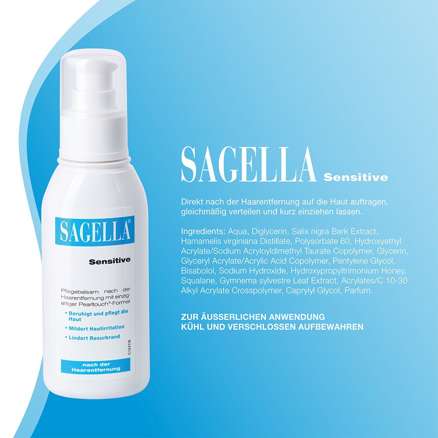 Weiße Flasche mit Sprühkopf. Aufschrift: SAGELLA Sensitive. Text über Inhaltsstoffe und Anwendung.