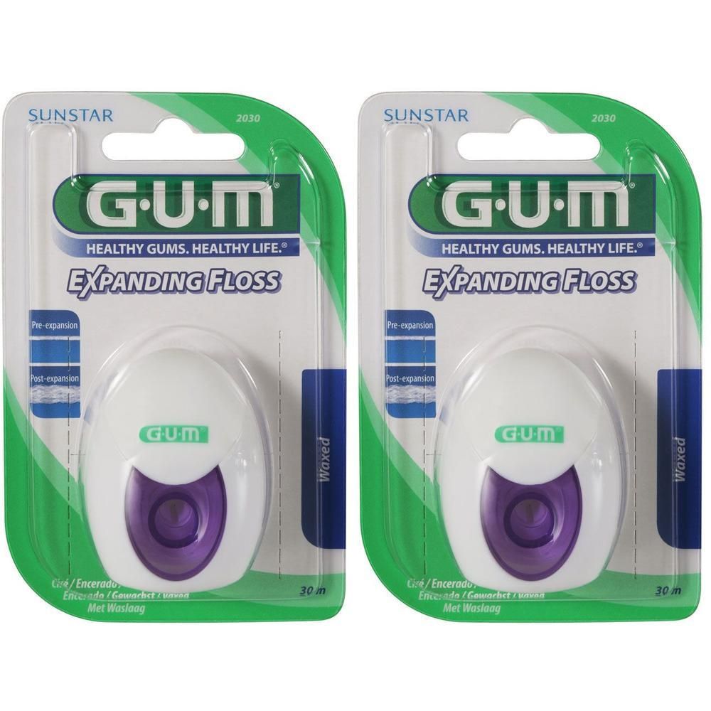 Zwei Packungen GUM Expanding Floss Zahnseide. Weiße ovale Behälter mit lila Akzenten in grüner Verpackung.