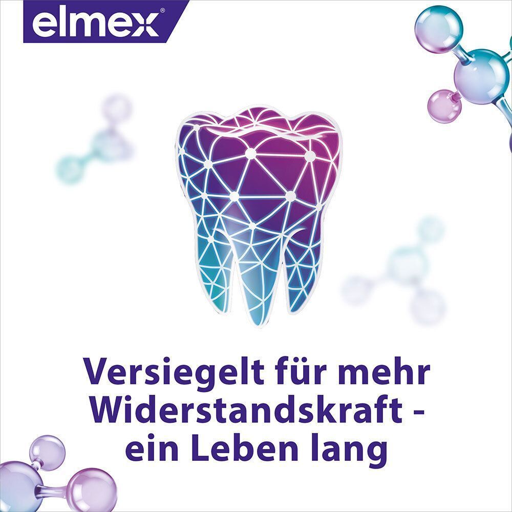 Grafik eines Zahns mit Netzwerkstruktur. Text: Versiegelt für mehr Widerstandskraft - ein Leben lang. elmex Logo.