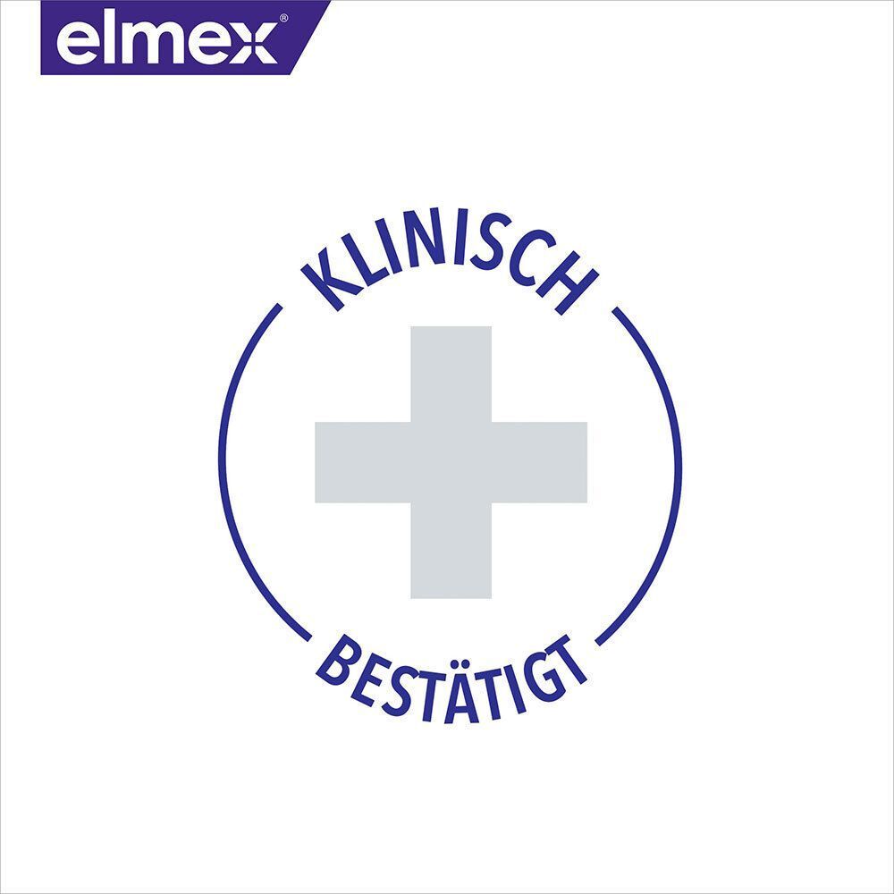 Rundes Symbol mit Kreuz und Text: Klinisch bestätigt. elmex Logo.