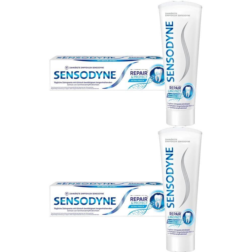 Zwei Tuben und Schachteln SENSODYNE REPAIR & PROTECT Zahnpasta. Aufschrift: REPAIR, EXTRA FRESH. Zahnpasta-Design mit Wellen.