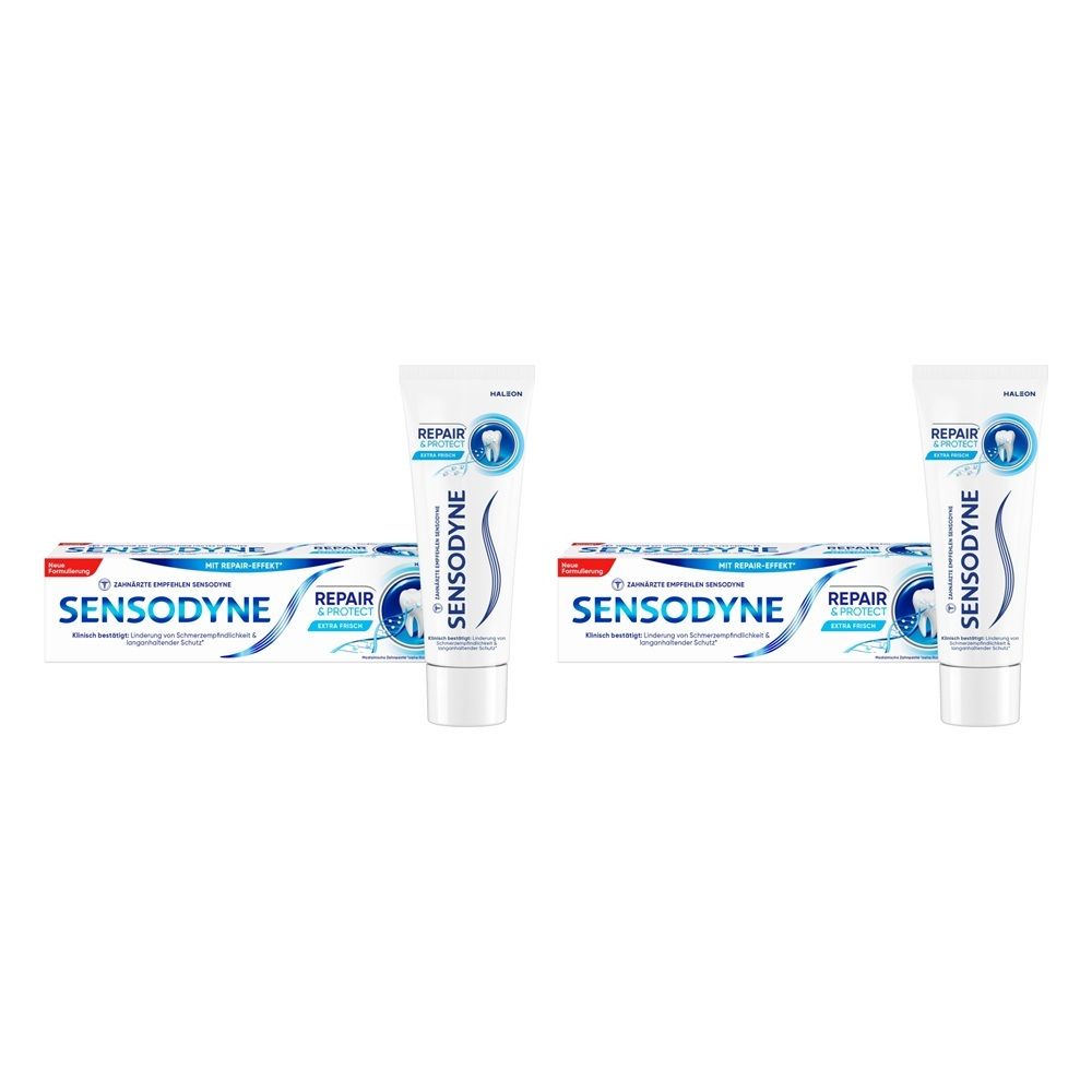 Zwei Tuben und Schachteln Sensodyne Repair Zahnpasta.