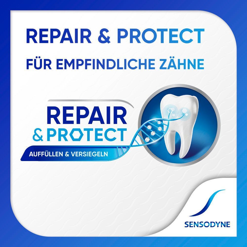 Grafik mit Zahn und DNA-Strang. Text: REPAIR & PROTECT FÜR EMPFINDLICHE ZÄHNE. Logo SENSODYNE.