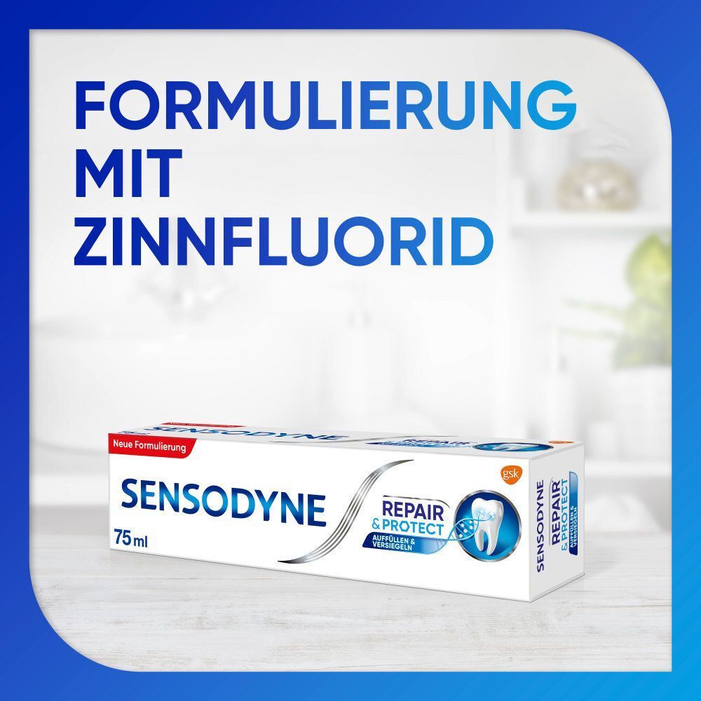 Tube SENSODYNE REPAIR & PROTECT mit Text: FORMULIERUNG MIT ZINNFLUORID. 75ml.