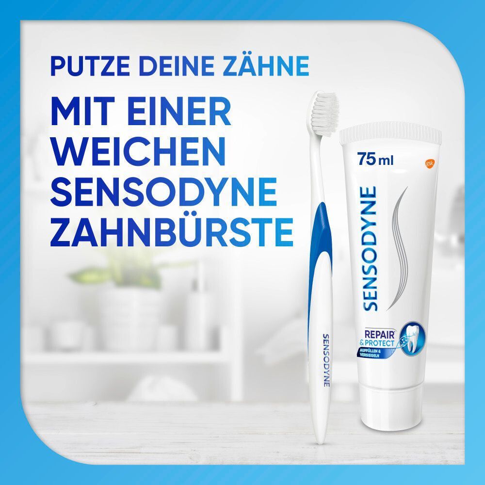 Zahnbürste und Tube SENSODYNE REPAIR & PROTECT. Text: PUTZE DEINE ZÄHNE MIT EINER WEICHEN SENSODYNE ZAHNBÜRSTE. 75ml.