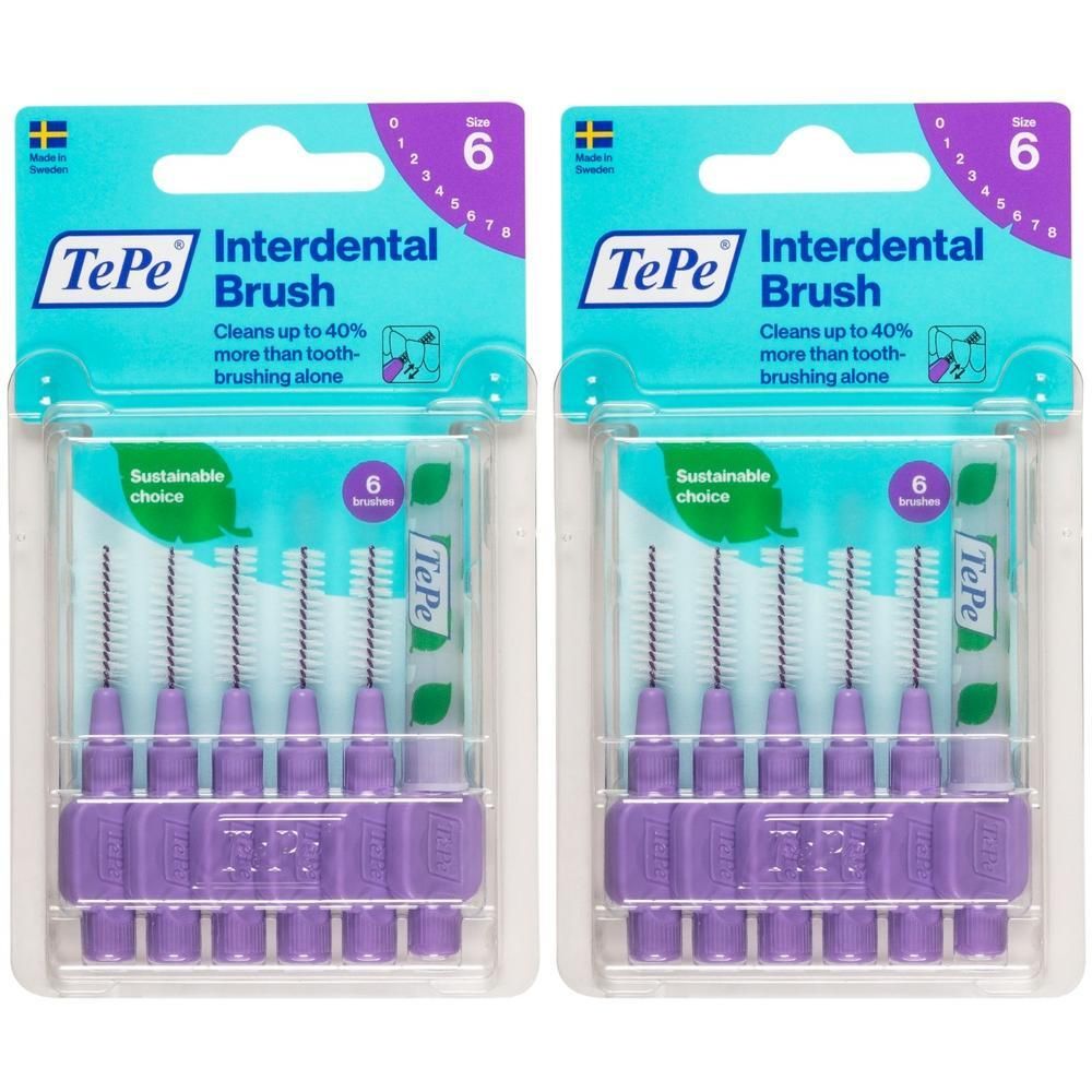 Zwei Packungen TePe Interdentalbürsten 1,1 mm lila. Jede Packung enthält 6 Bürsten. Verpackung mit schwedischer Flagge und Produktinformationen.